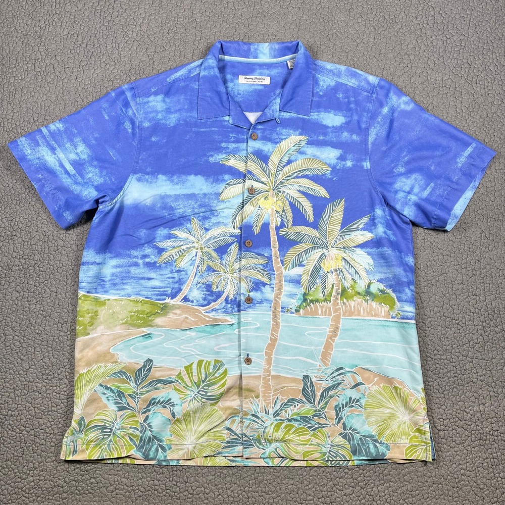 Tommy Bahama The Coconut Point Mens XL Blue Tropical Hidden Oasis Shirt Coolmax